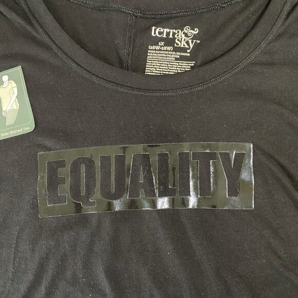 terra & Sky Tunic Top Womens 1X Black "EQUALITY" SHIRRED T' Shirt NEW - Picture 4 of 7